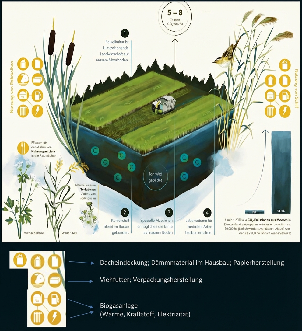 Grafik eines Moor-Querschnitts mit Paludikulturen, Erntemaschine, Schilf und Icons zu Nutzung (Dämmung, Biogas, Tierfutter)